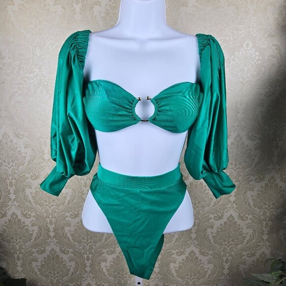 EcoSwim Size Large 2 Piece Green Bikini Set Hi Rise Bottom Sleeved Top w/Silver - Picture 1 of 15